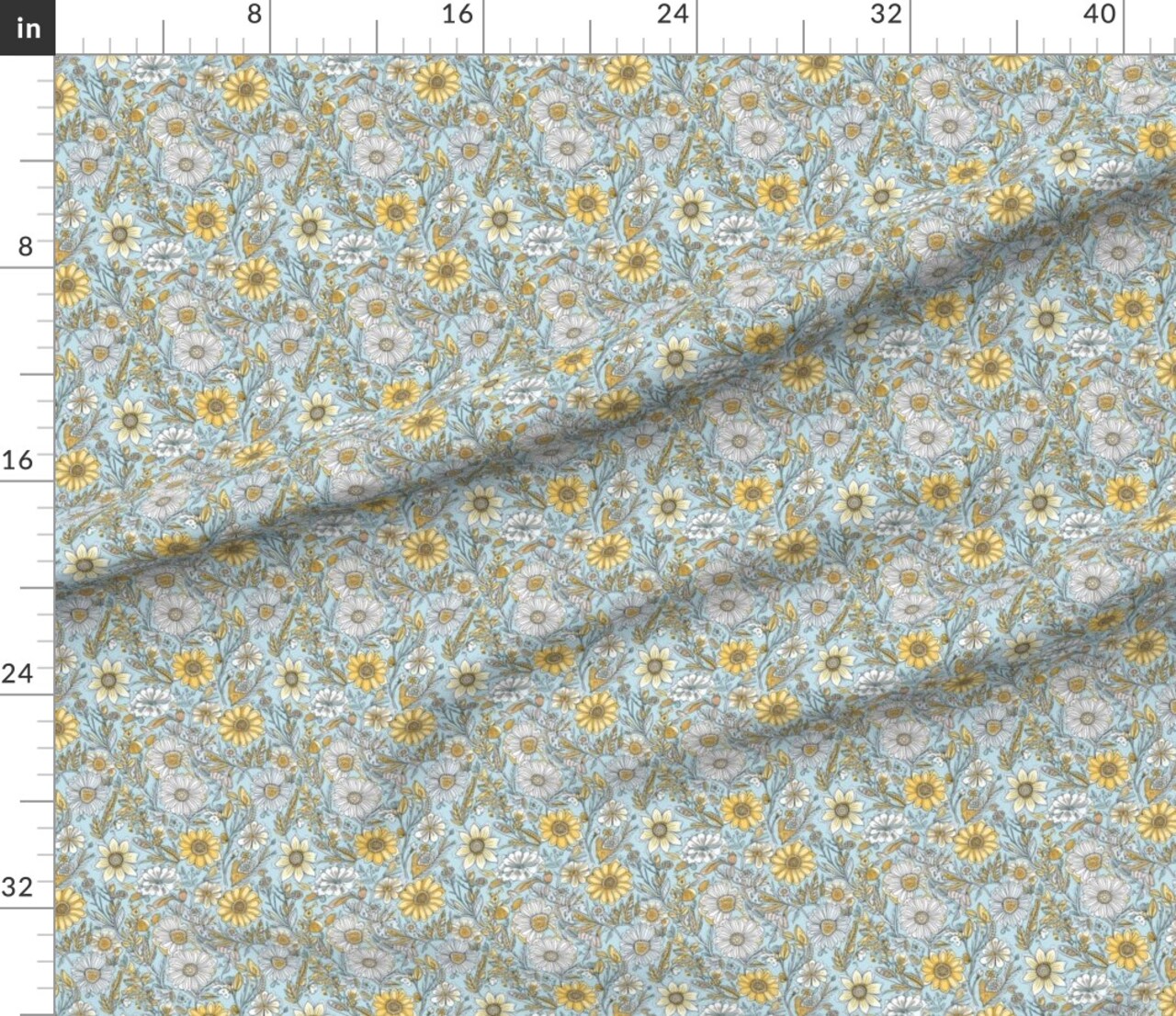 Bohemian Floral Botanical Blue Yellow Daisy Daisies Gold Garden Traditional Custom Printed Fabric by Spoonflower Various Fabrics by the Yard or Fat Quarter